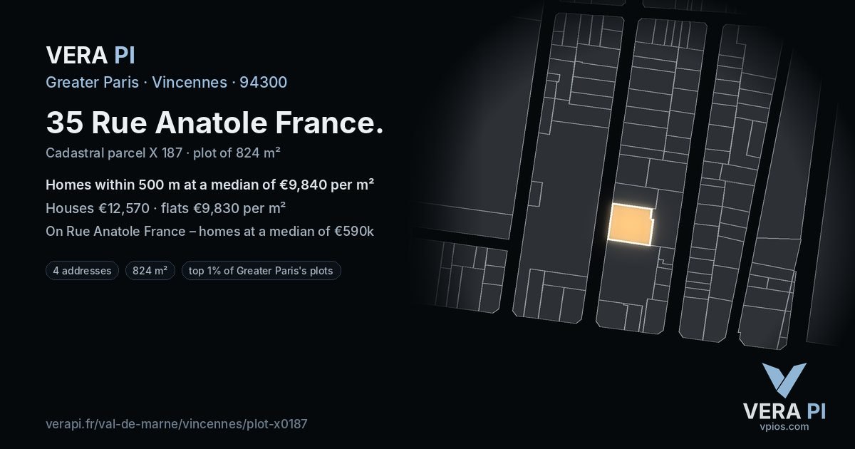 35 Rue Anatole France, Vincennes at night – the plot lit, the parcels around coloured by the prices near them