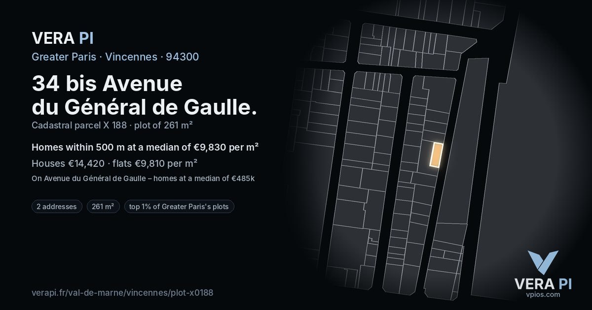 34 bis Avenue du Général de Gaulle, Vincennes at night – the plot lit, the parcels around coloured by the prices near them