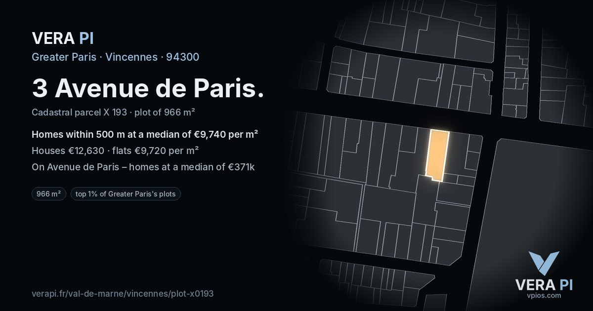 3 Avenue de Paris, Vincennes at night – the plot lit, the parcels around coloured by the prices near them