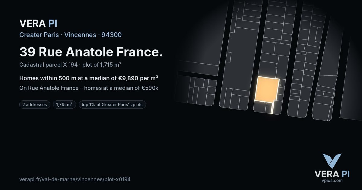 39 Rue Anatole France, Vincennes at night – the plot lit, the parcels around coloured by the prices near them