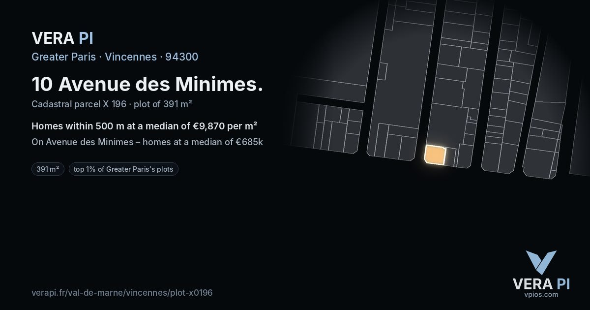 10 Avenue des Minimes, Vincennes at night – the plot lit, the parcels around coloured by the prices near them