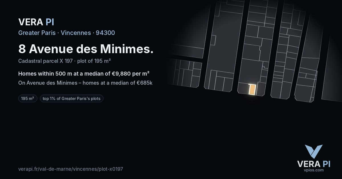 8 Avenue des Minimes, Vincennes at night – the plot lit, the parcels around coloured by the prices near them