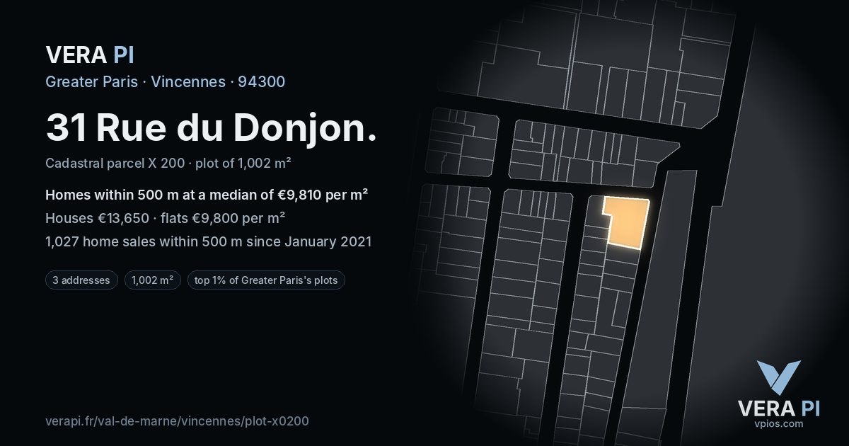 31 Rue du Donjon, Vincennes at night – the plot lit, the parcels around coloured by the prices near them