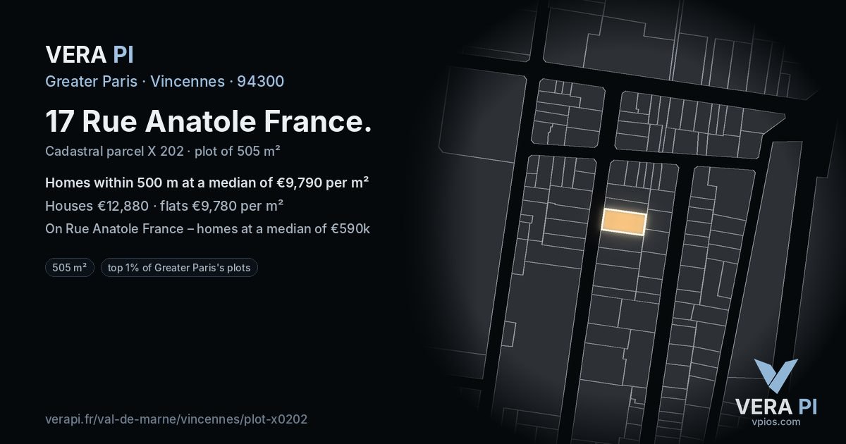17 Rue Anatole France, Vincennes at night – the plot lit, the parcels around coloured by the prices near them