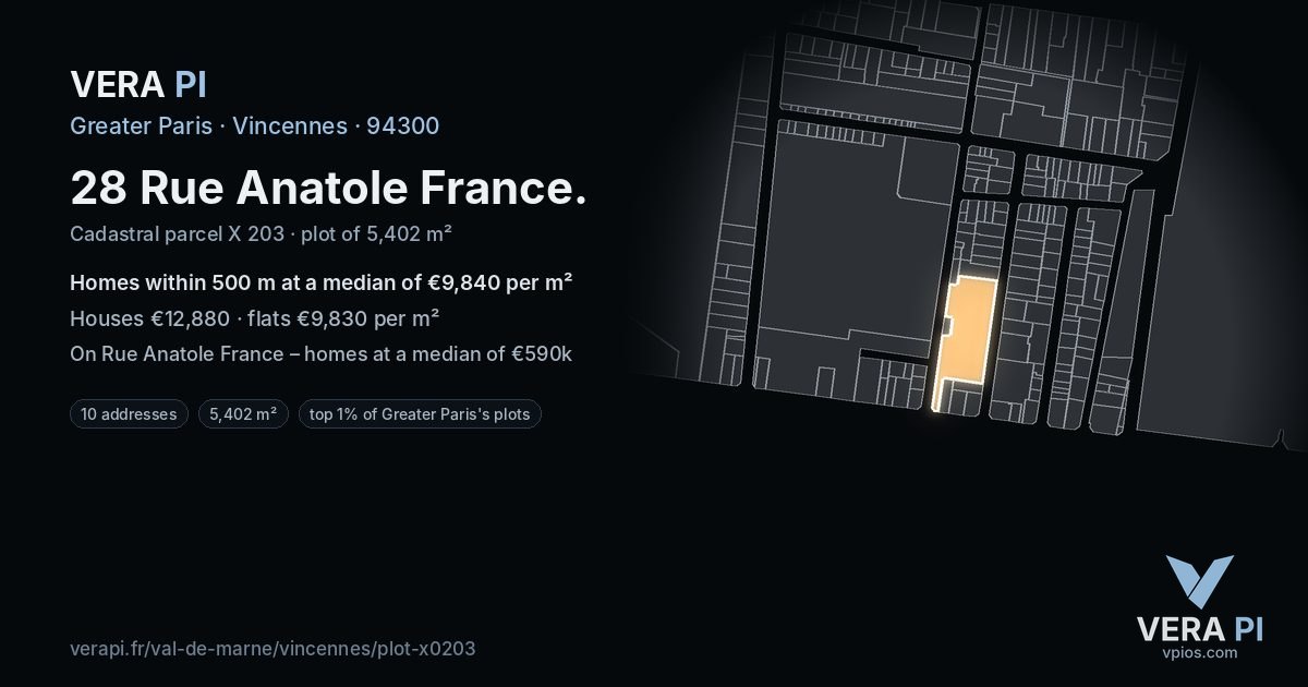 28 Rue Anatole France, Vincennes at night – the plot lit, the parcels around coloured by the prices near them