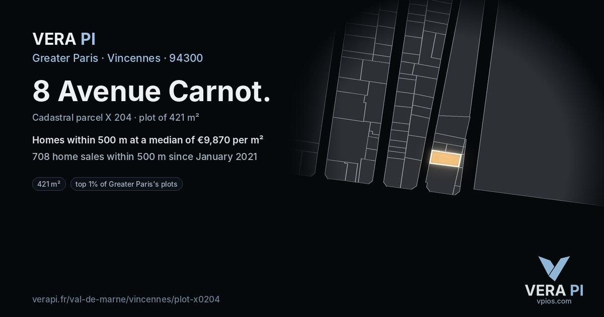 8 Avenue Carnot, Vincennes at night – the plot lit, the parcels around coloured by the prices near them