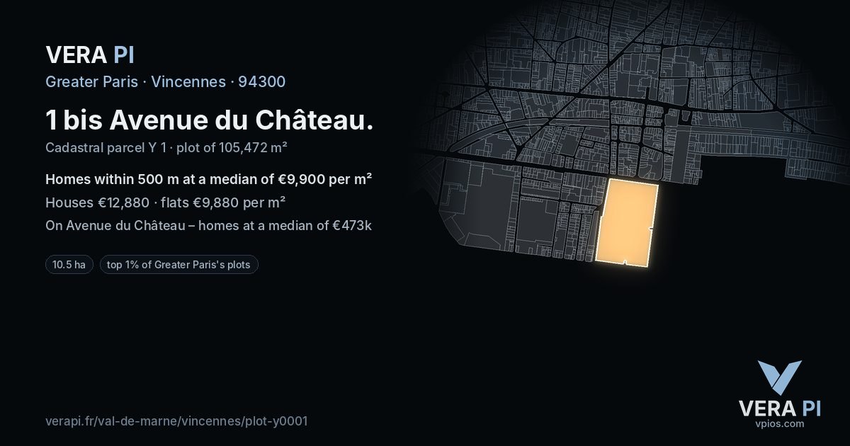1 bis Avenue du Château, Vincennes at night – the plot lit, the parcels around coloured by the prices near them