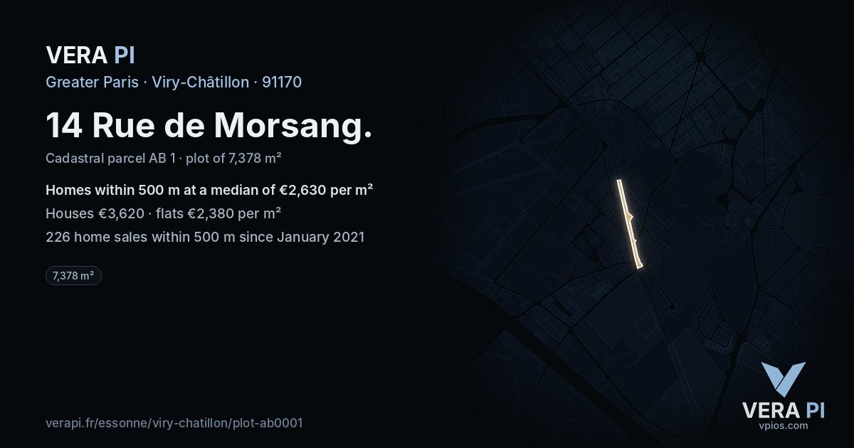 14 Rue de Morsang, Viry-Châtillon at night – the plot lit, the parcels around coloured by the prices near them