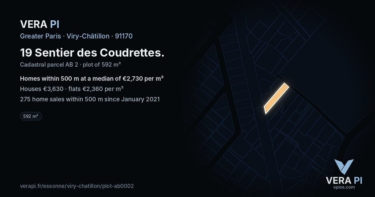 19 Sentier des Coudrettes, Viry-Châtillon at night – the plot lit, the parcels around coloured by the prices near them