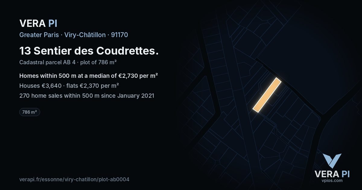13 Sentier des Coudrettes, Viry-Châtillon at night – the plot lit, the parcels around coloured by the prices near them