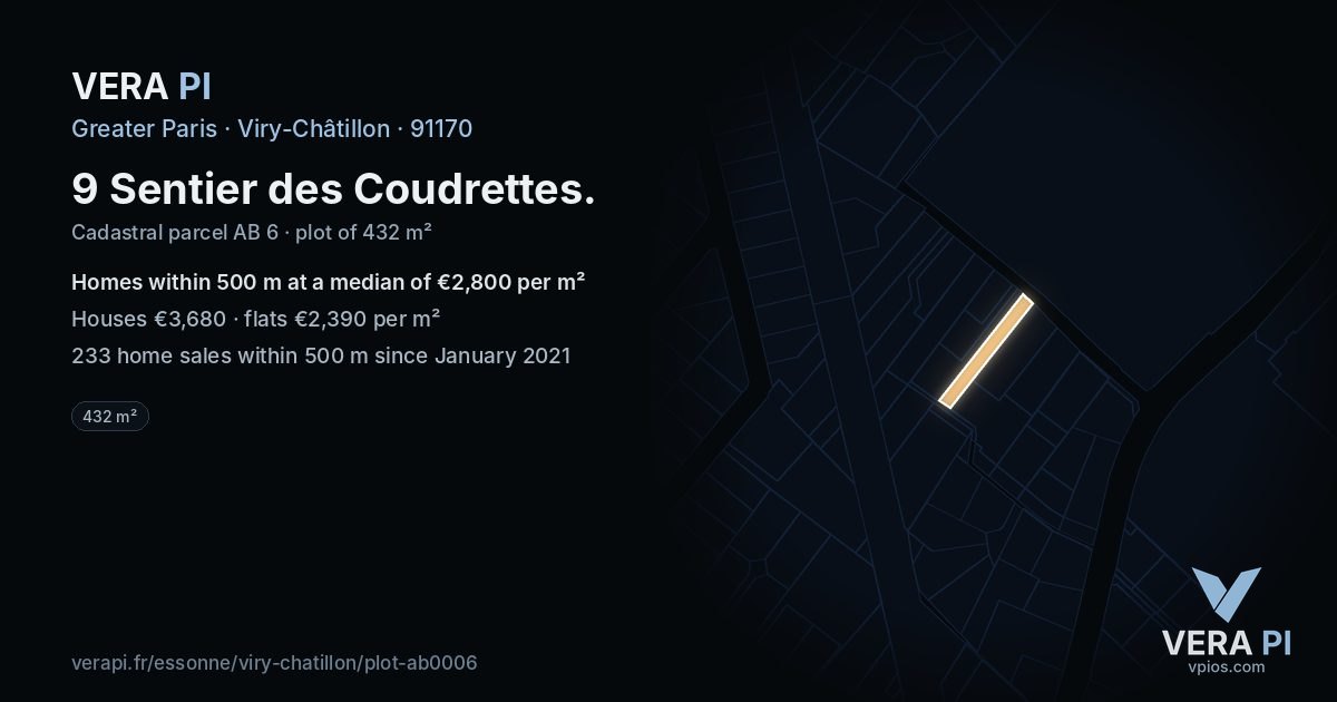 9 Sentier des Coudrettes, Viry-Châtillon at night – the plot lit, the parcels around coloured by the prices near them