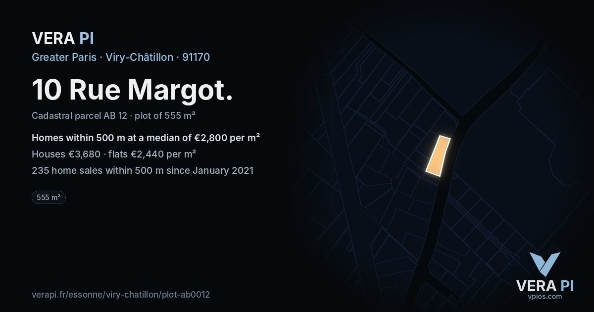 10 Rue Margot, Viry-Châtillon at night – the plot lit, the parcels around coloured by the prices near them