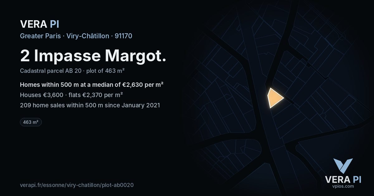 2 Impasse Margot, Viry-Châtillon at night – the plot lit, the parcels around coloured by the prices near them