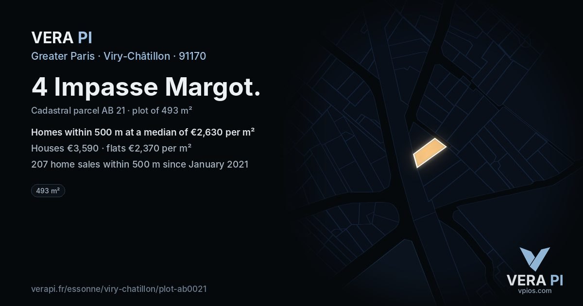 4 Impasse Margot, Viry-Châtillon at night – the plot lit, the parcels around coloured by the prices near them