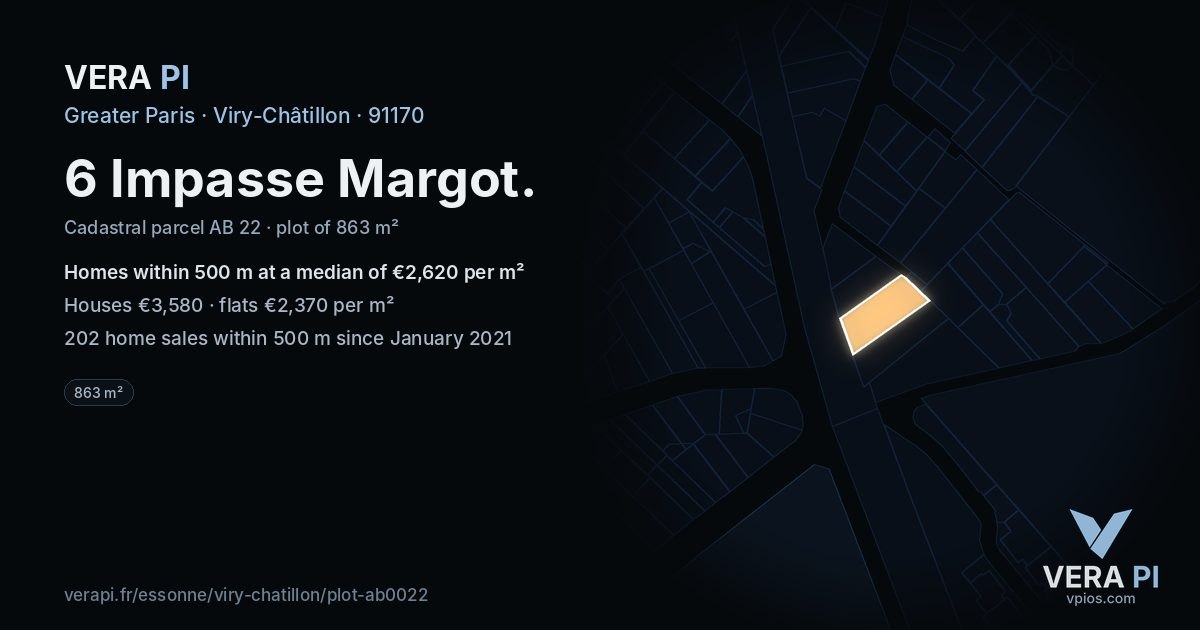6 Impasse Margot, Viry-Châtillon at night – the plot lit, the parcels around coloured by the prices near them