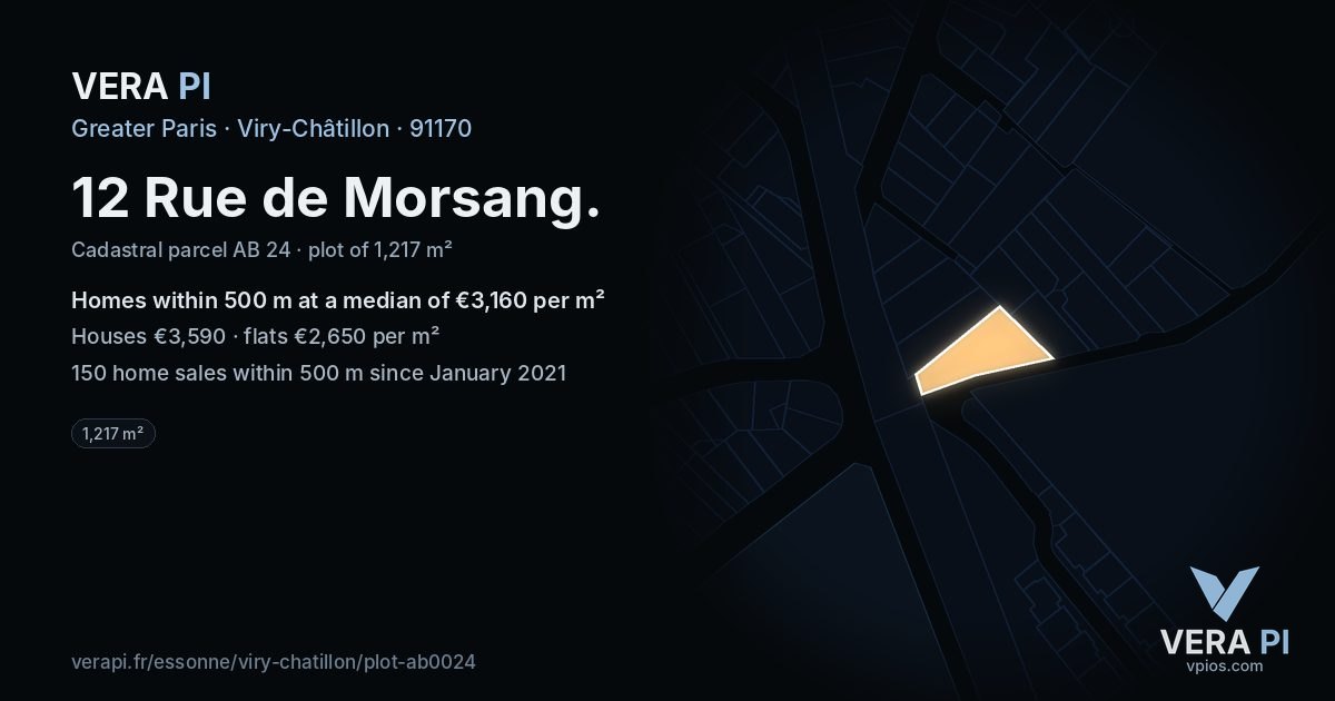 12 Rue de Morsang, Viry-Châtillon at night – the plot lit, the parcels around coloured by the prices near them