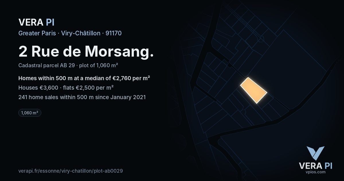 2 Rue de Morsang, Viry-Châtillon at night – the plot lit, the parcels around coloured by the prices near them