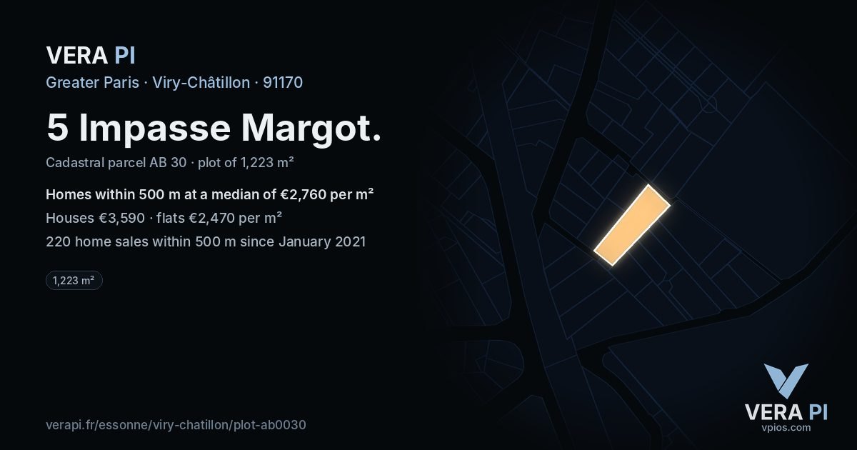 5 Impasse Margot, Viry-Châtillon at night – the plot lit, the parcels around coloured by the prices near them