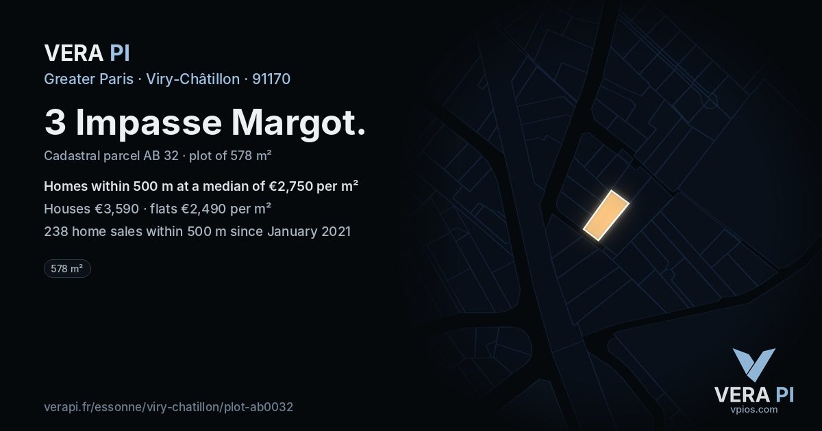 3 Impasse Margot, Viry-Châtillon at night – the plot lit, the parcels around coloured by the prices near them