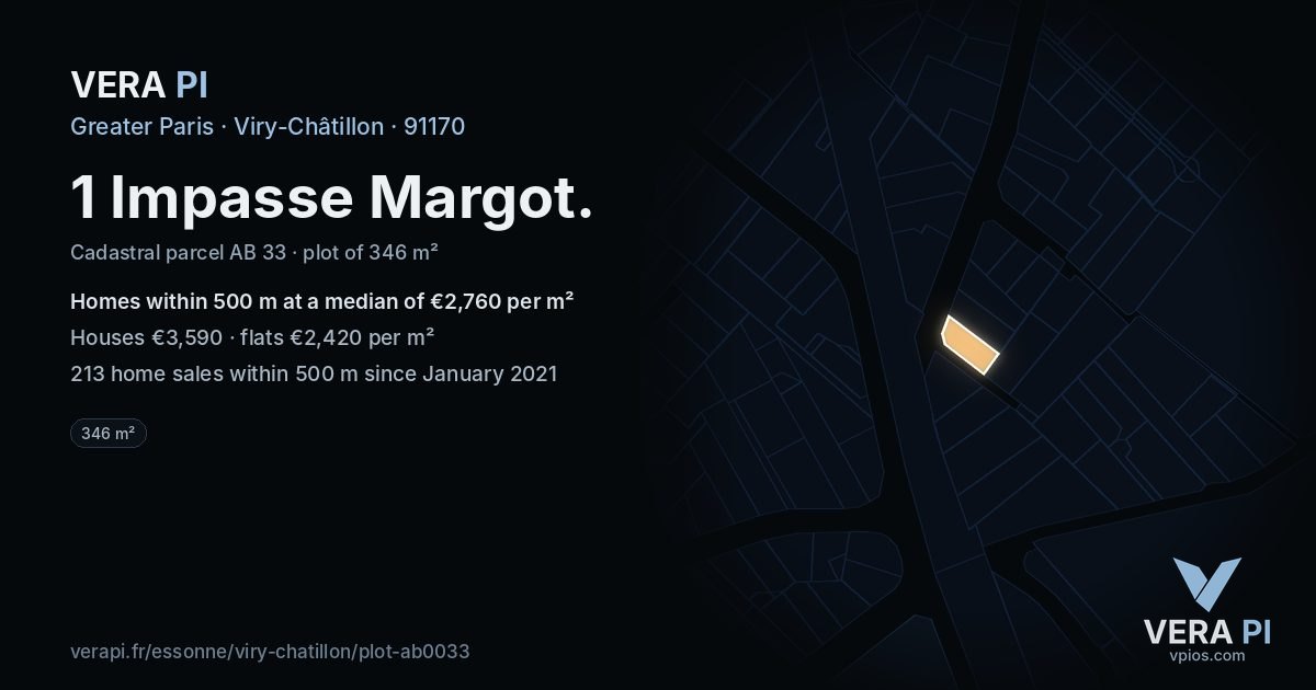 1 Impasse Margot, Viry-Châtillon at night – the plot lit, the parcels around coloured by the prices near them