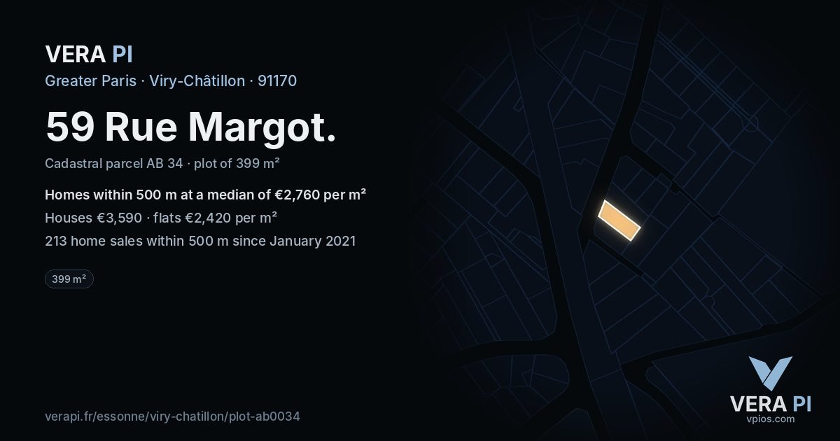 59 Rue Margot, Viry-Châtillon at night – the plot lit, the parcels around coloured by the prices near them