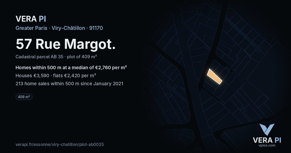 57 Rue Margot, Viry-Châtillon at night – the plot lit, the parcels around coloured by the prices near them