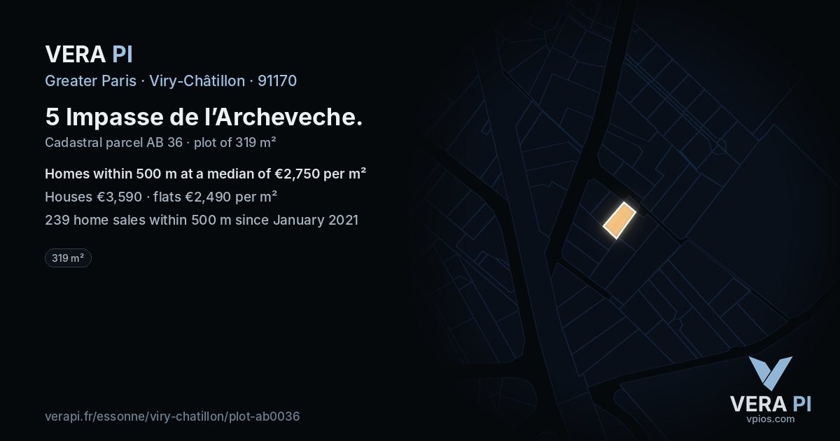 5 Impasse de l’Archeveche, Viry-Châtillon at night – the plot lit, the parcels around coloured by the prices near them