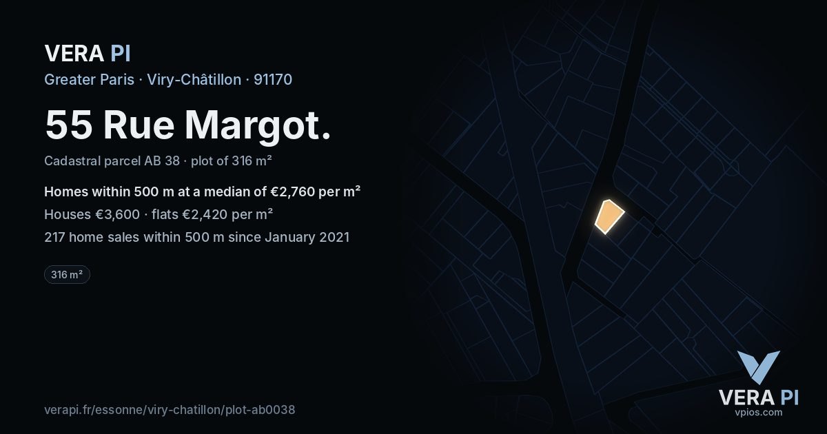 55 Rue Margot, Viry-Châtillon at night – the plot lit, the parcels around coloured by the prices near them