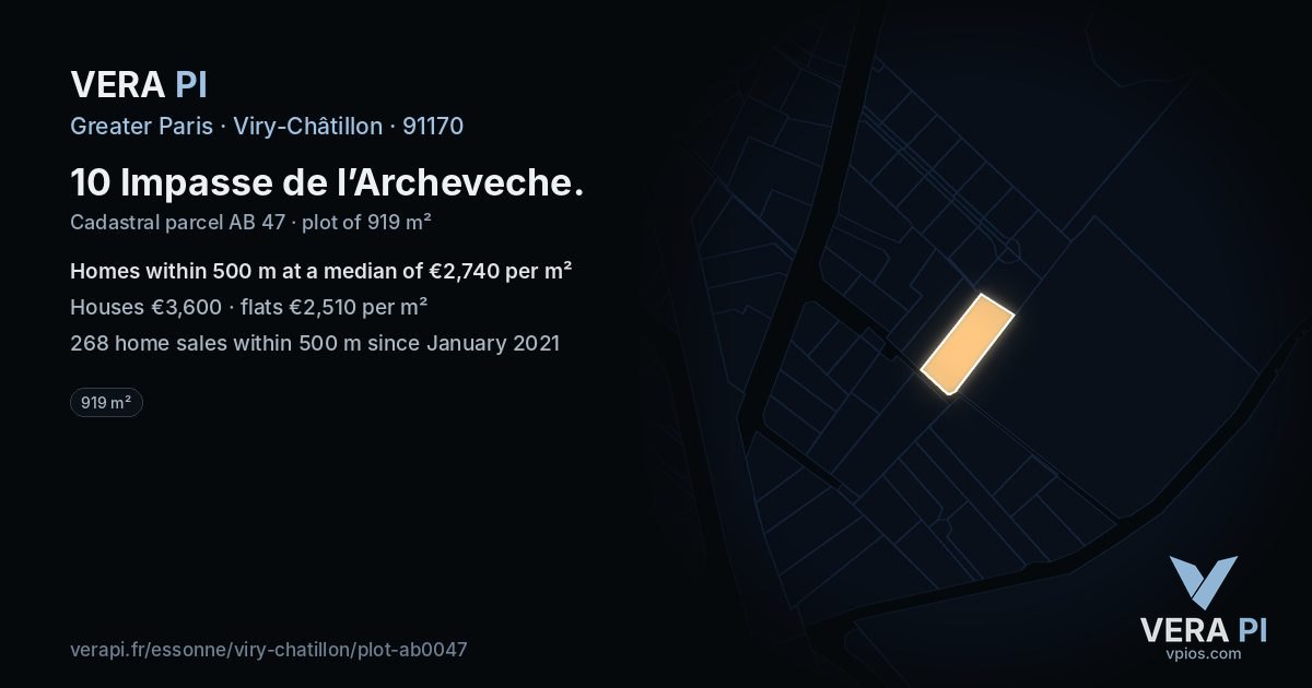 10 Impasse de l’Archeveche, Viry-Châtillon at night – the plot lit, the parcels around coloured by the prices near them