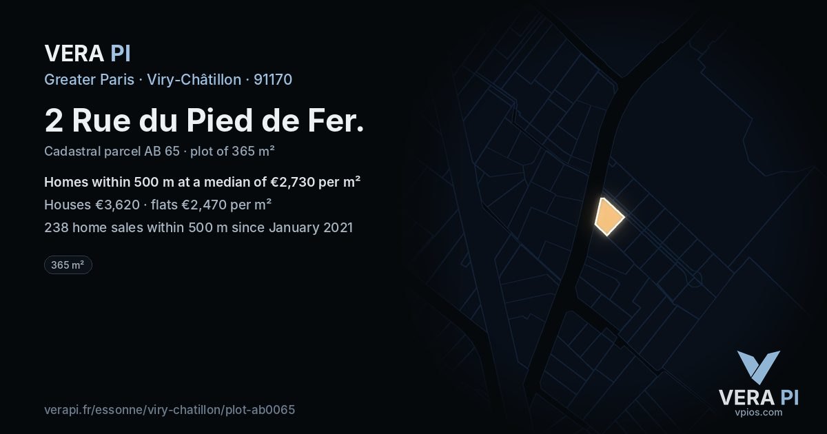 2 Rue du Pied de Fer, Viry-Châtillon at night – the plot lit, the parcels around coloured by the prices near them