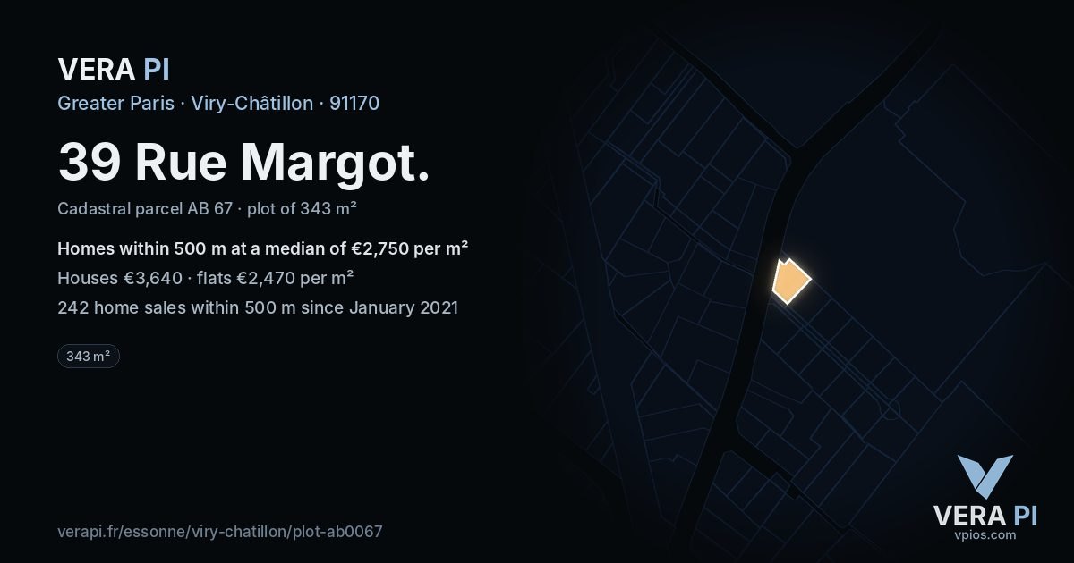 39 Rue Margot, Viry-Châtillon at night – the plot lit, the parcels around coloured by the prices near them
