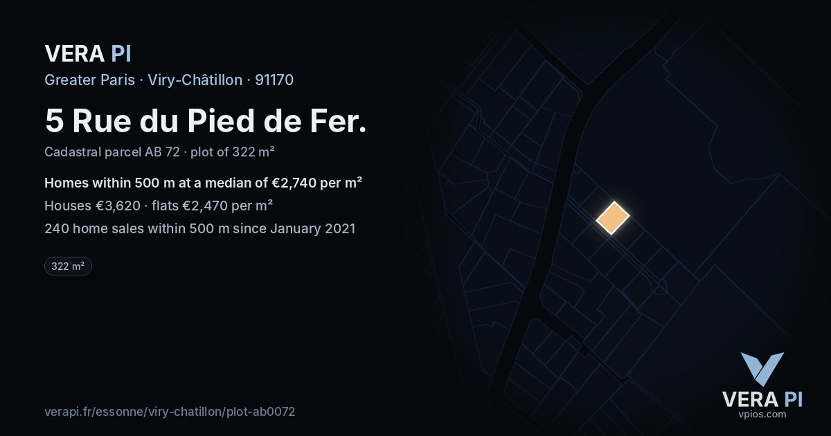 5 Rue du Pied de Fer, Viry-Châtillon at night – the plot lit, the parcels around coloured by the prices near them