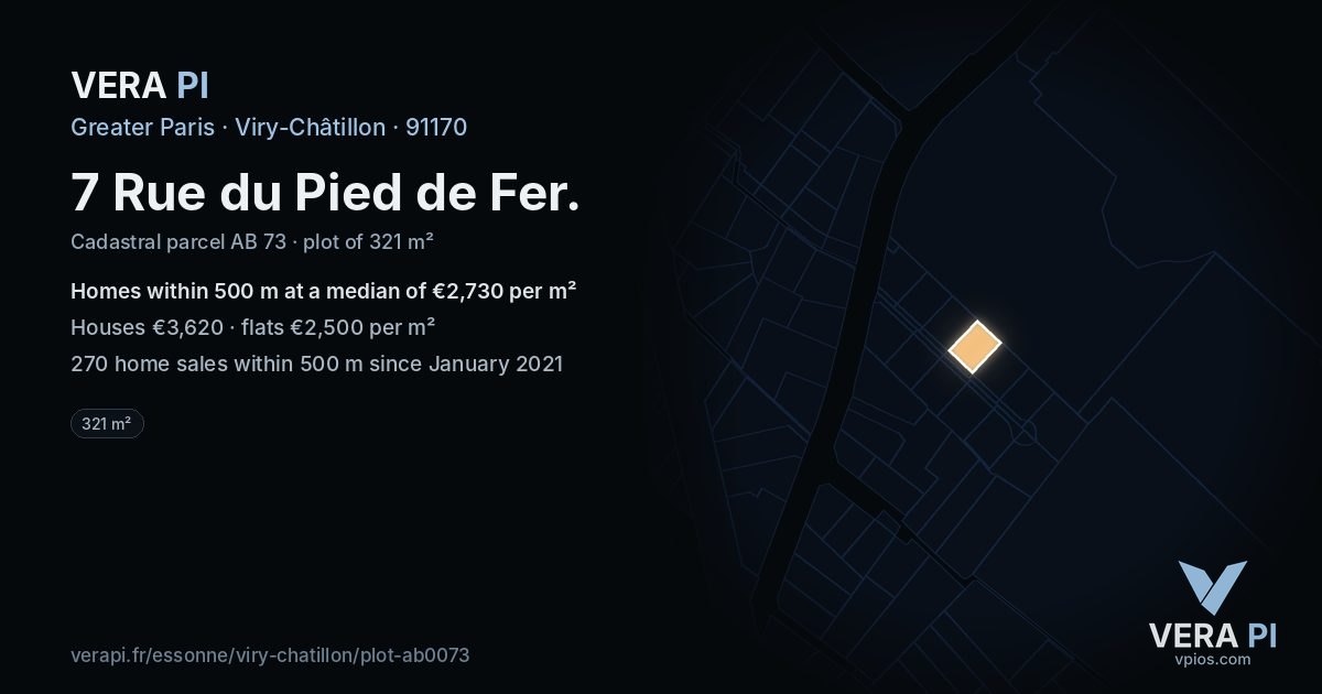 7 Rue du Pied de Fer, Viry-Châtillon at night – the plot lit, the parcels around coloured by the prices near them