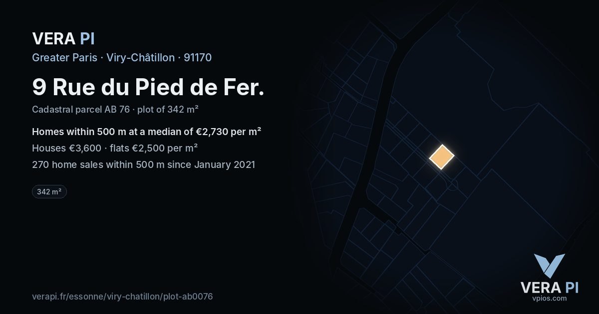 9 Rue du Pied de Fer, Viry-Châtillon at night – the plot lit, the parcels around coloured by the prices near them