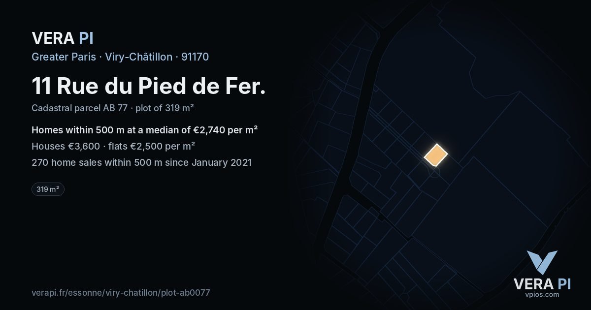11 Rue du Pied de Fer, Viry-Châtillon at night – the plot lit, the parcels around coloured by the prices near them