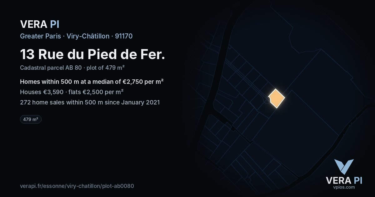 13 Rue du Pied de Fer, Viry-Châtillon at night – the plot lit, the parcels around coloured by the prices near them