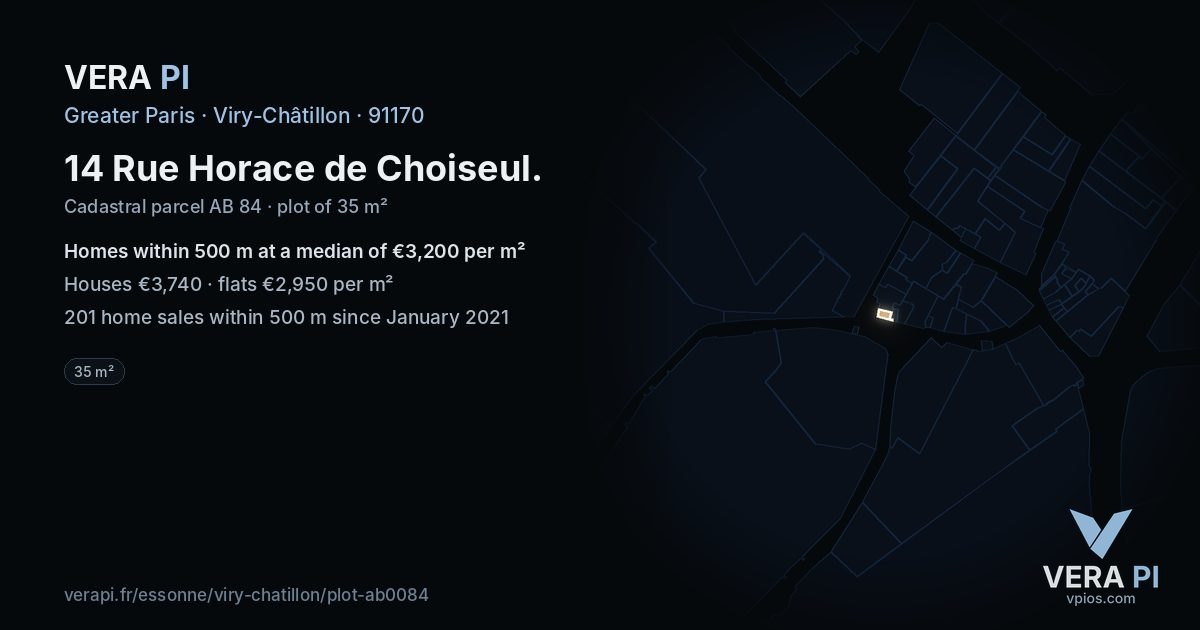 14 Rue Horace de Choiseul, Viry-Châtillon at night – the plot lit, the parcels around coloured by the prices near them