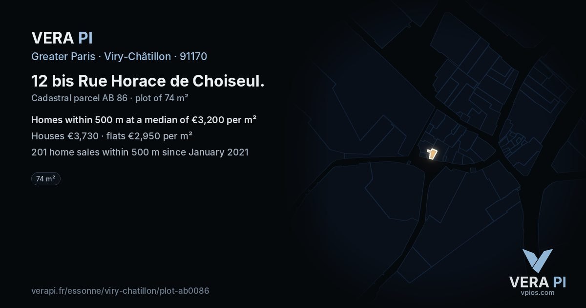 12 bis Rue Horace de Choiseul, Viry-Châtillon at night – the plot lit, the parcels around coloured by the prices near them