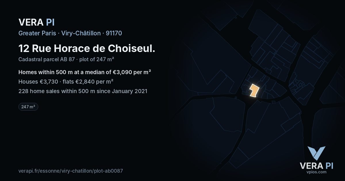 12 Rue Horace de Choiseul, Viry-Châtillon at night – the plot lit, the parcels around coloured by the prices near them