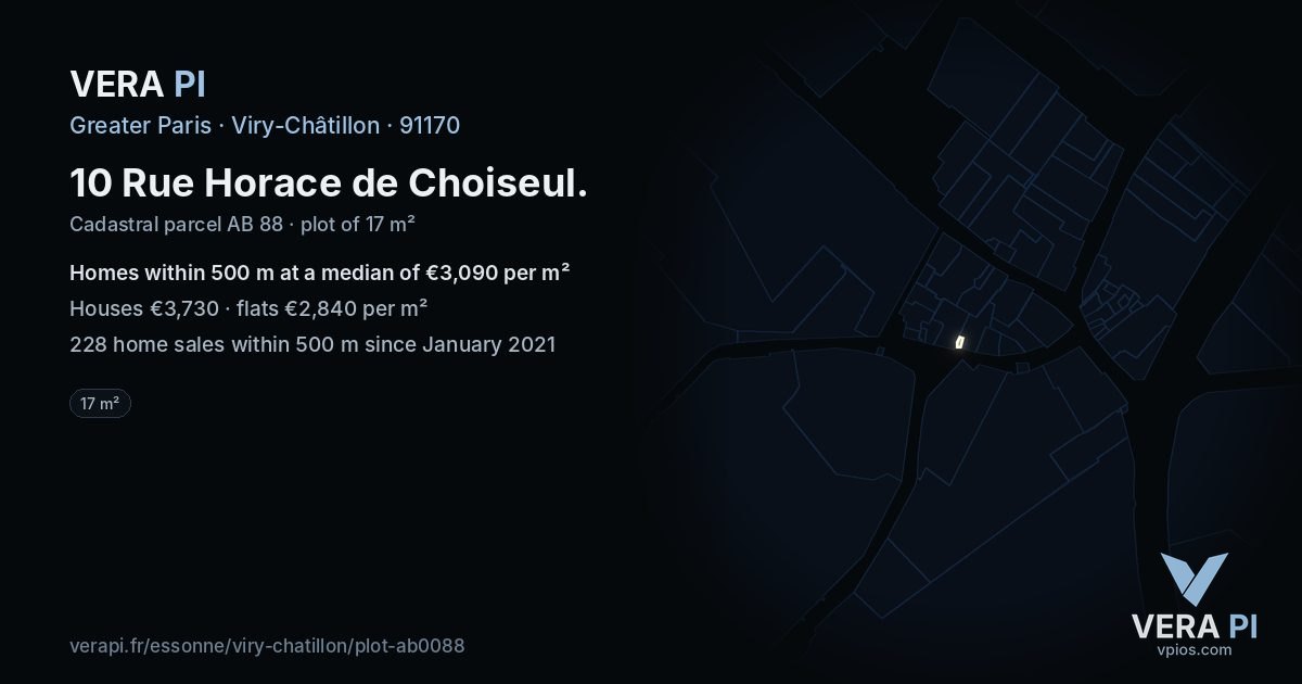 10 Rue Horace de Choiseul, Viry-Châtillon at night – the plot lit, the parcels around coloured by the prices near them