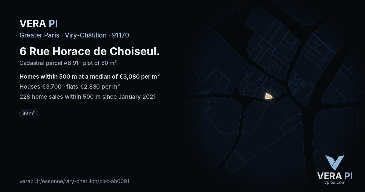 6 Rue Horace de Choiseul, Viry-Châtillon at night – the plot lit, the parcels around coloured by the prices near them