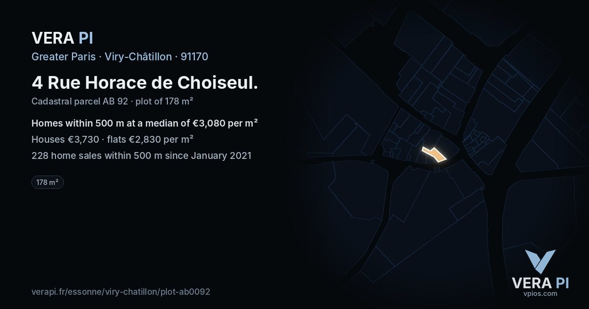 4 Rue Horace de Choiseul, Viry-Châtillon at night – the plot lit, the parcels around coloured by the prices near them