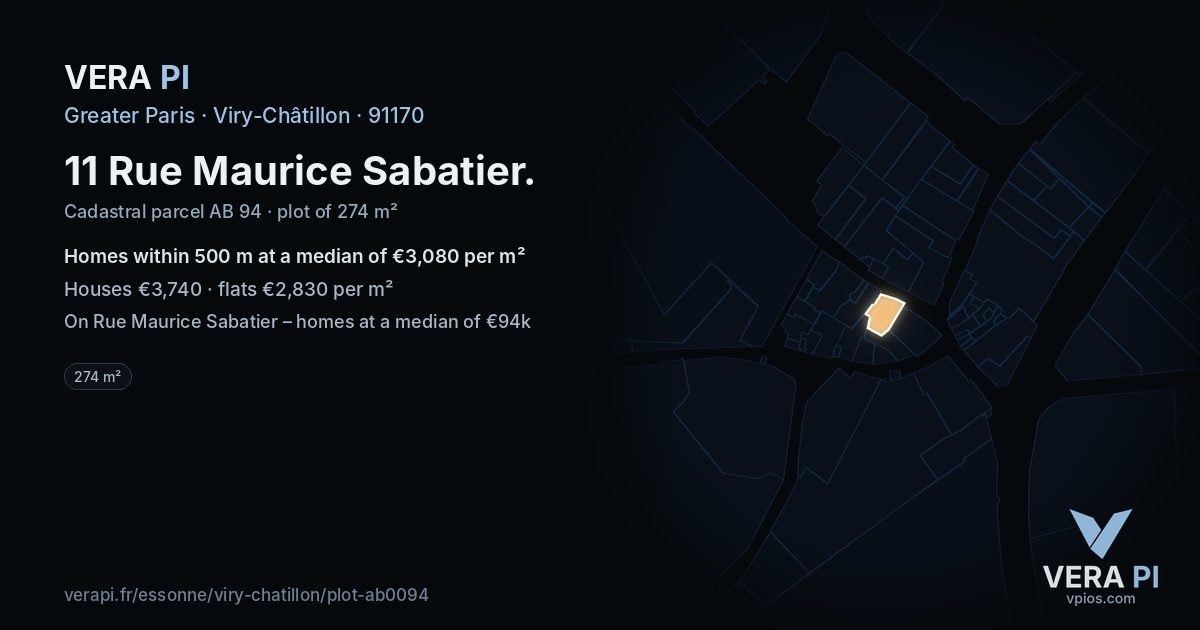 11 Rue Maurice Sabatier, Viry-Châtillon at night – the plot lit, the parcels around coloured by the prices near them