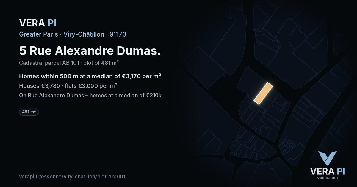 5 Rue Alexandre Dumas, Viry-Châtillon at night – the plot lit, the parcels around coloured by the prices near them