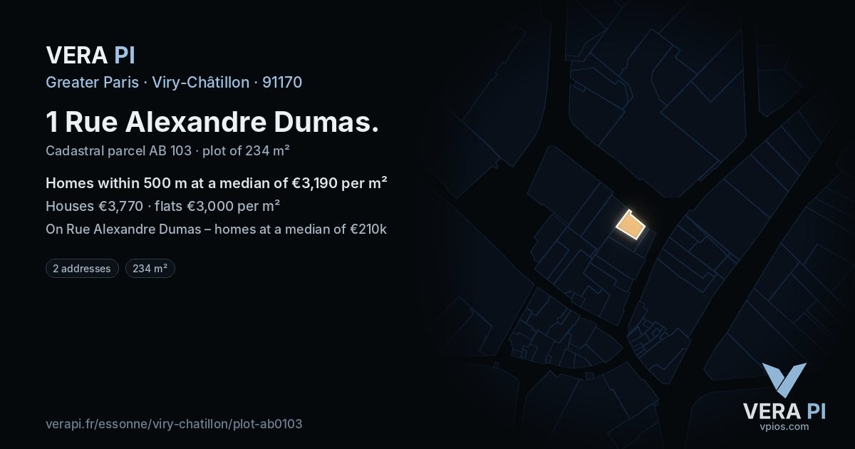 1 Rue Alexandre Dumas, Viry-Châtillon at night – the plot lit, the parcels around coloured by the prices near them