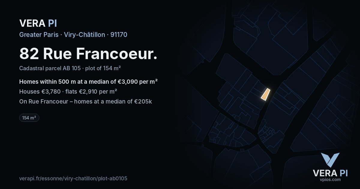 82 Rue Francoeur, Viry-Châtillon at night – the plot lit, the parcels around coloured by the prices near them