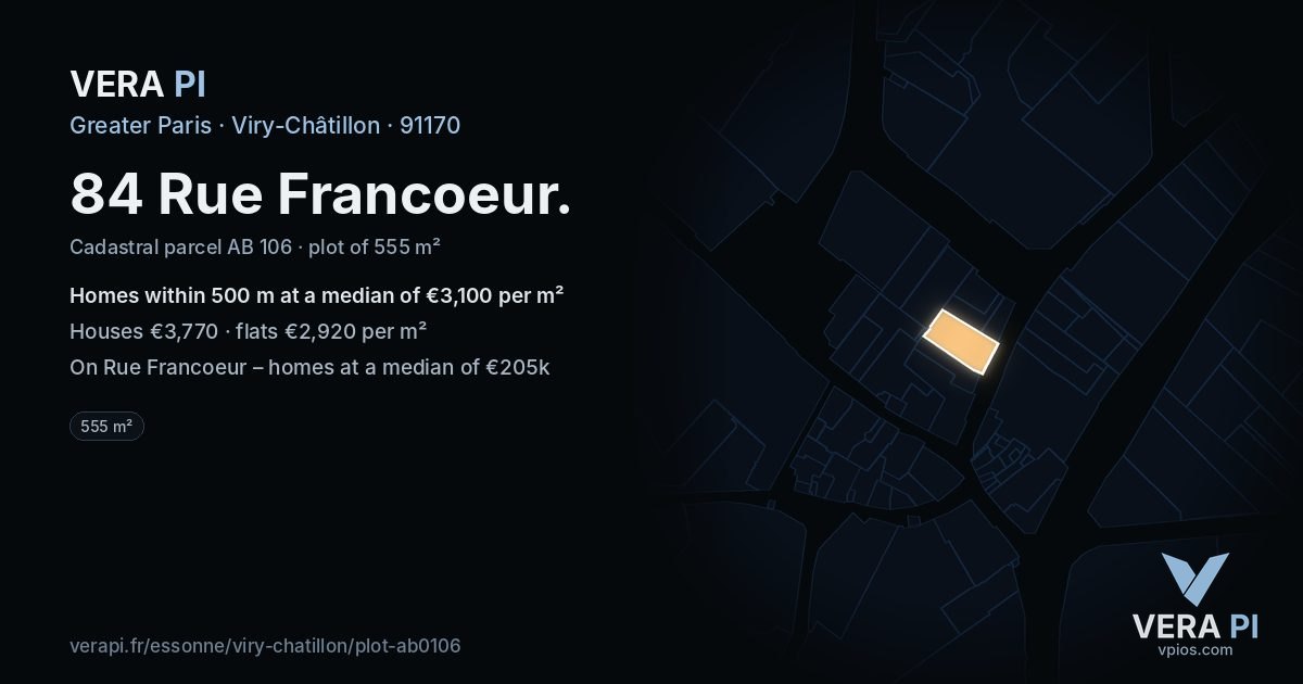 84 Rue Francoeur, Viry-Châtillon at night – the plot lit, the parcels around coloured by the prices near them