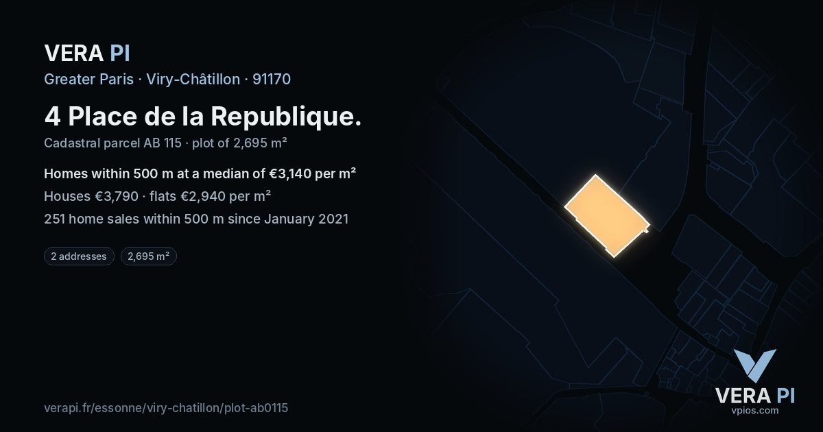 4 Place de la Republique, Viry-Châtillon at night – the plot lit, the parcels around coloured by the prices near them