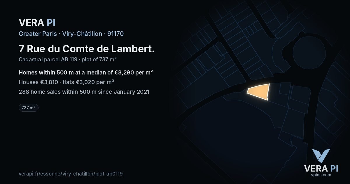 7 Rue du Comte de Lambert, Viry-Châtillon at night – the plot lit, the parcels around coloured by the prices near them