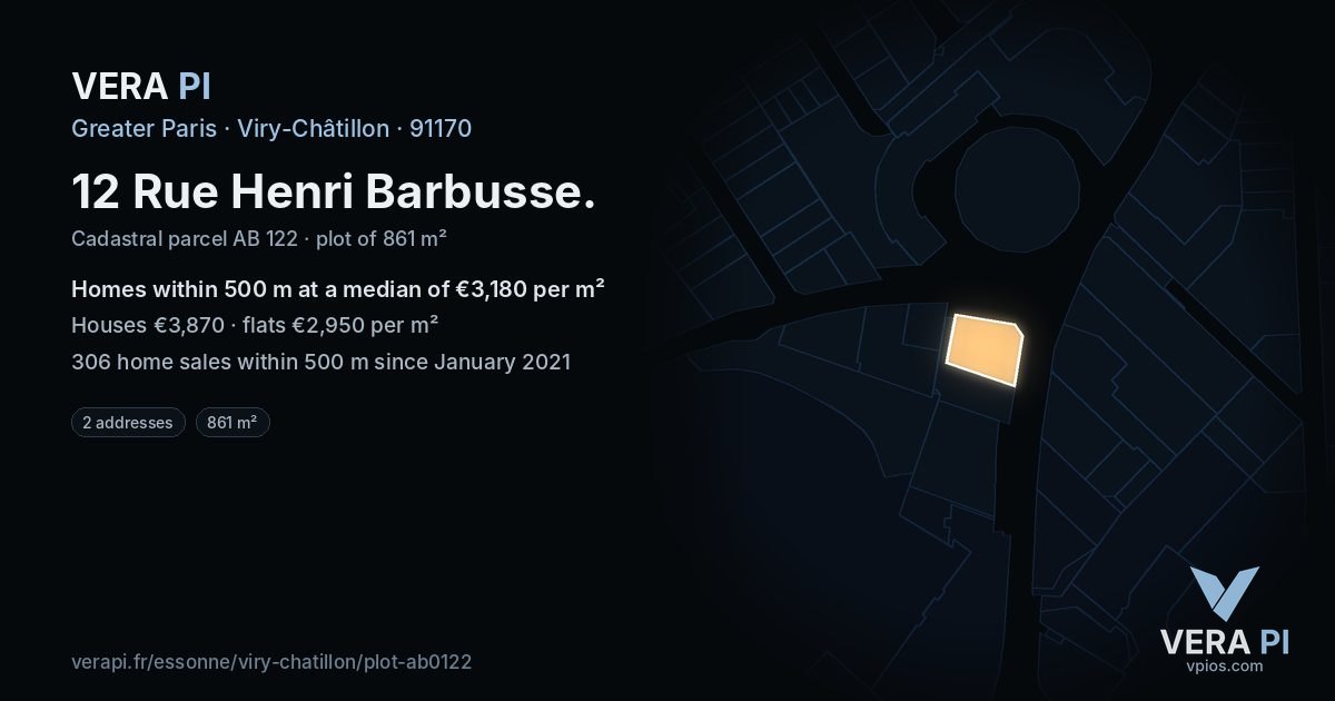 12 Rue Henri Barbusse, Viry-Châtillon at night – the plot lit, the parcels around coloured by the prices near them